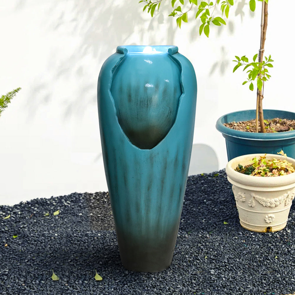 Resin Glazed Cutout Urn Outdoor Water Fountain 30 Inch LED lit at night