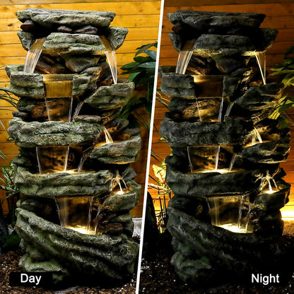 Radiant night view of the outdoor rock fountain illuminated by 7 cozy white LED lights
