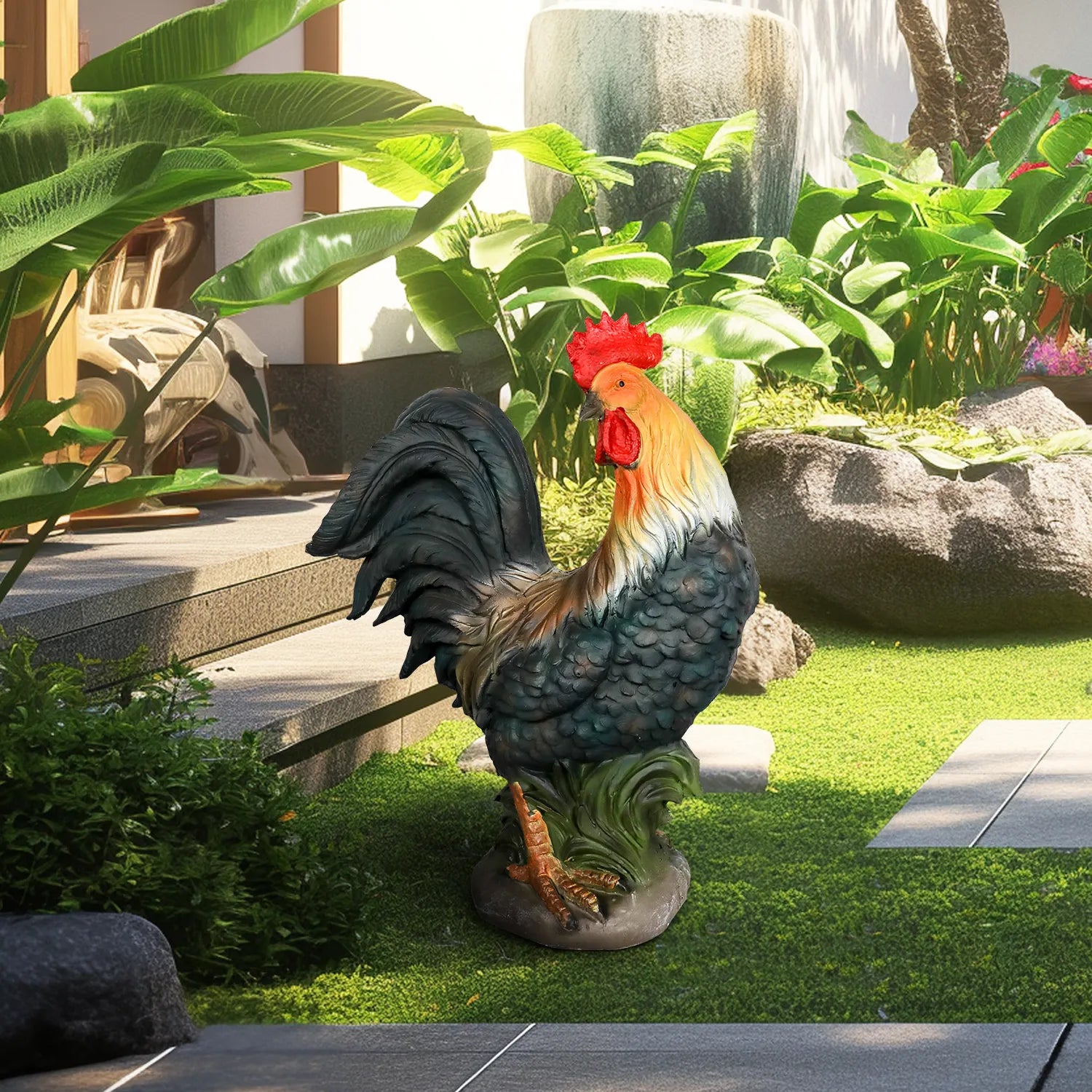 Realistic 22.8-inch farmhouse rooster figurine with vibrant orange and black feathers in a garden setting.
