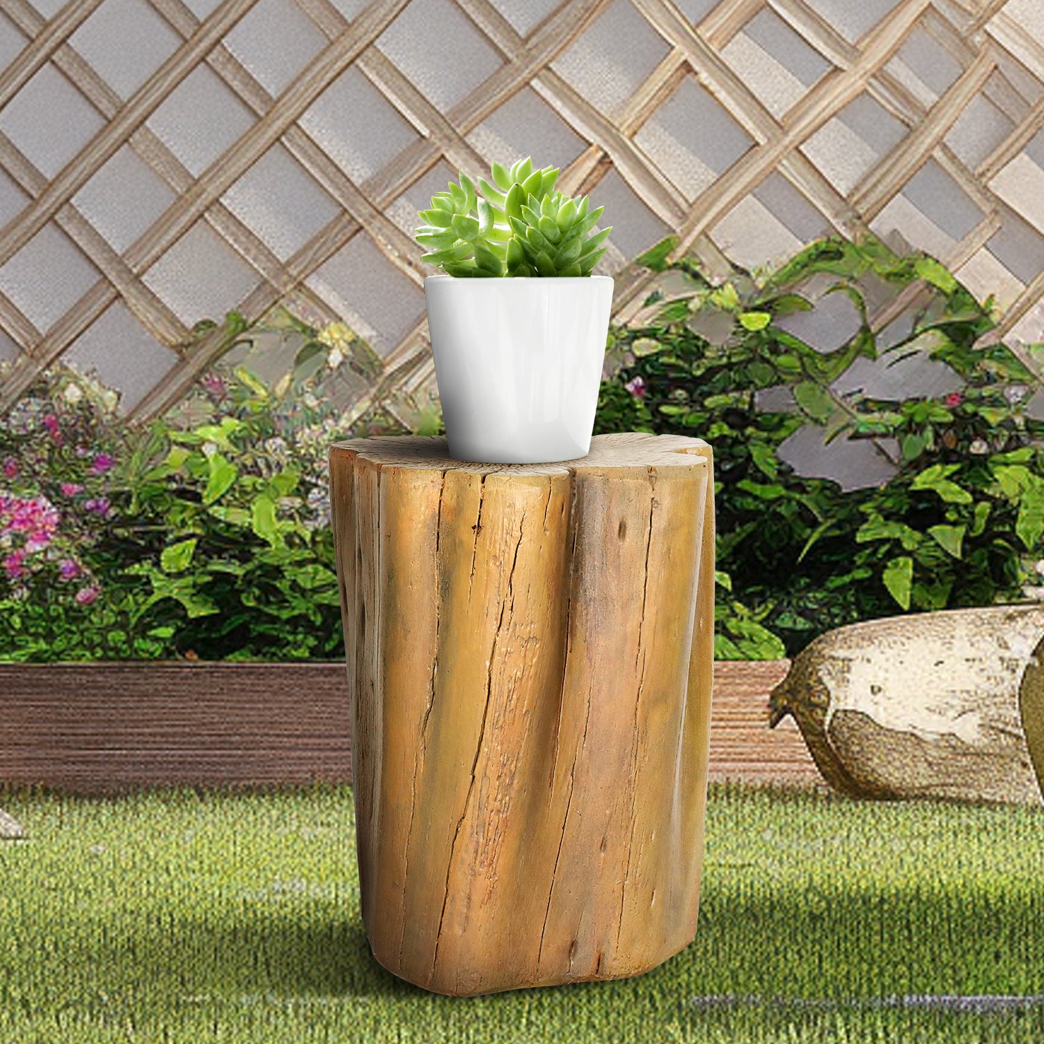Realistic faux wood concrete garden stool shaped like a tree stump.