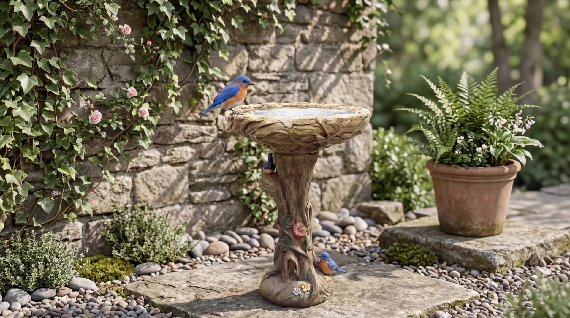 Resin tree trunk outdoor bird bath with bluebird details in a garden setting