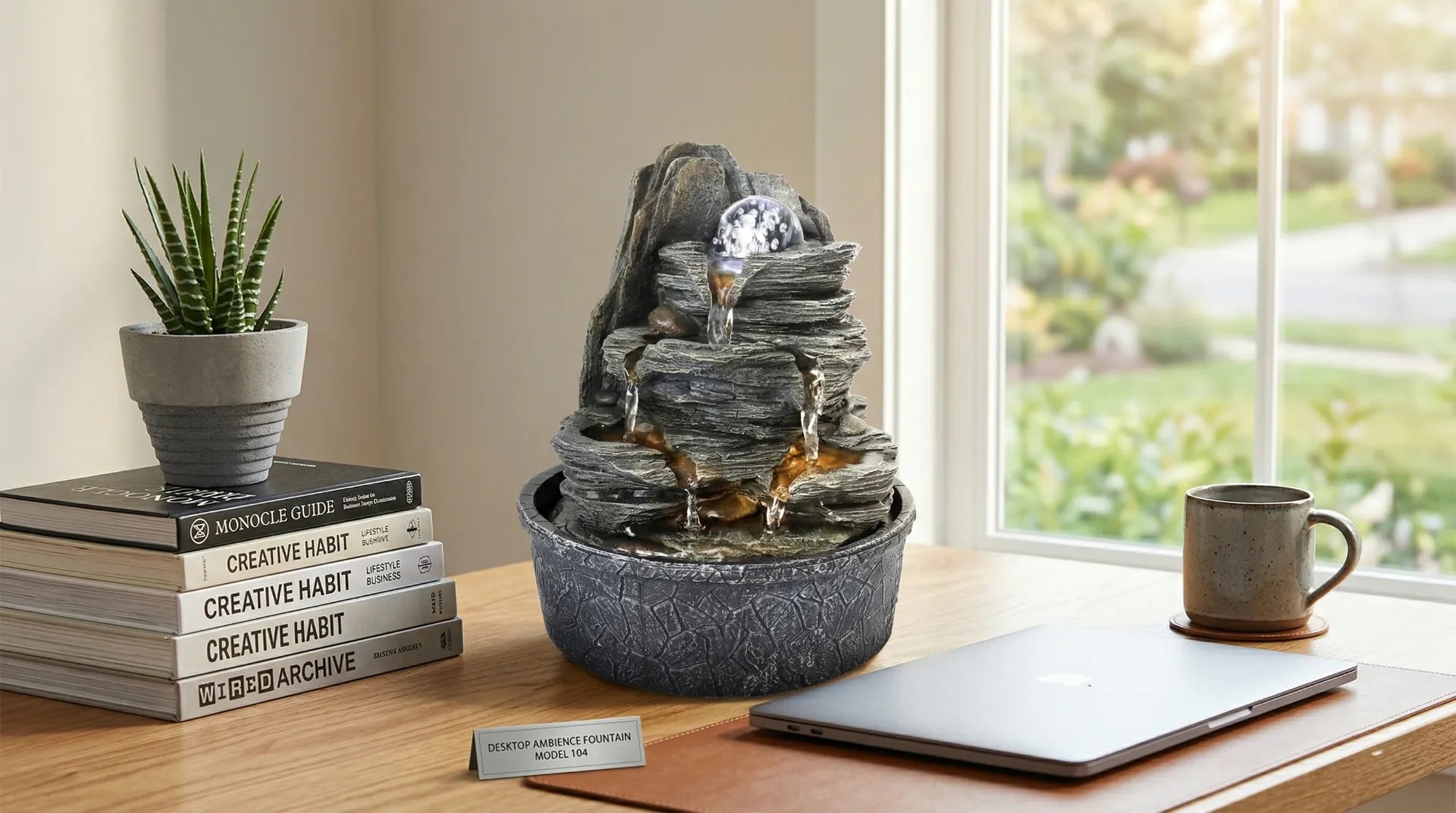 Rocky cascade tabletop fountain with a crystal ball on a professional desk.