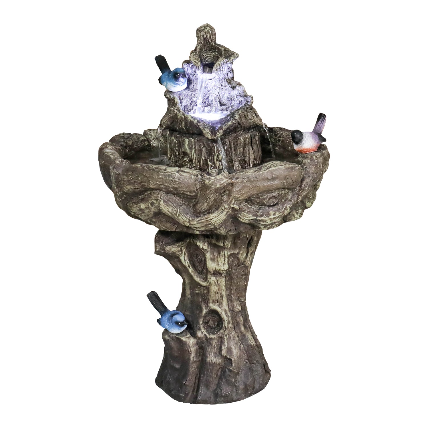 Rustic concrete bird bath fountain with simulated tree trunk pedestal and LED lights.