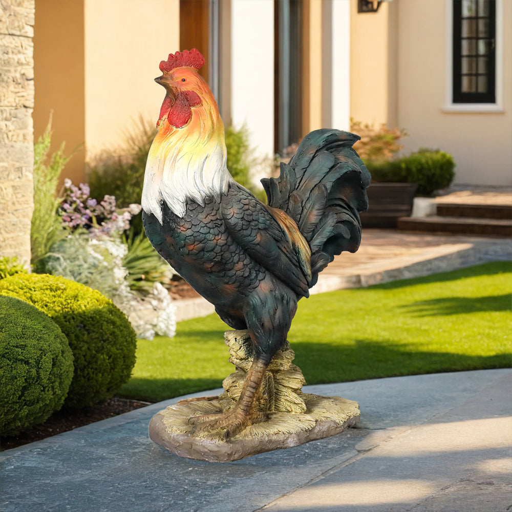 Rustic farmhouse rooster sculpture decorating an outdoor patio space.