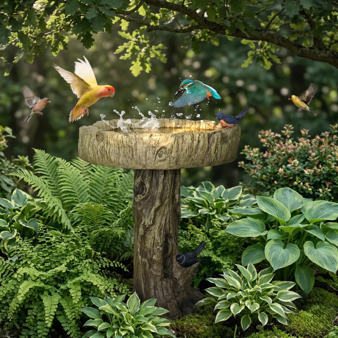 Rustic log bird bath among lush green ferns.