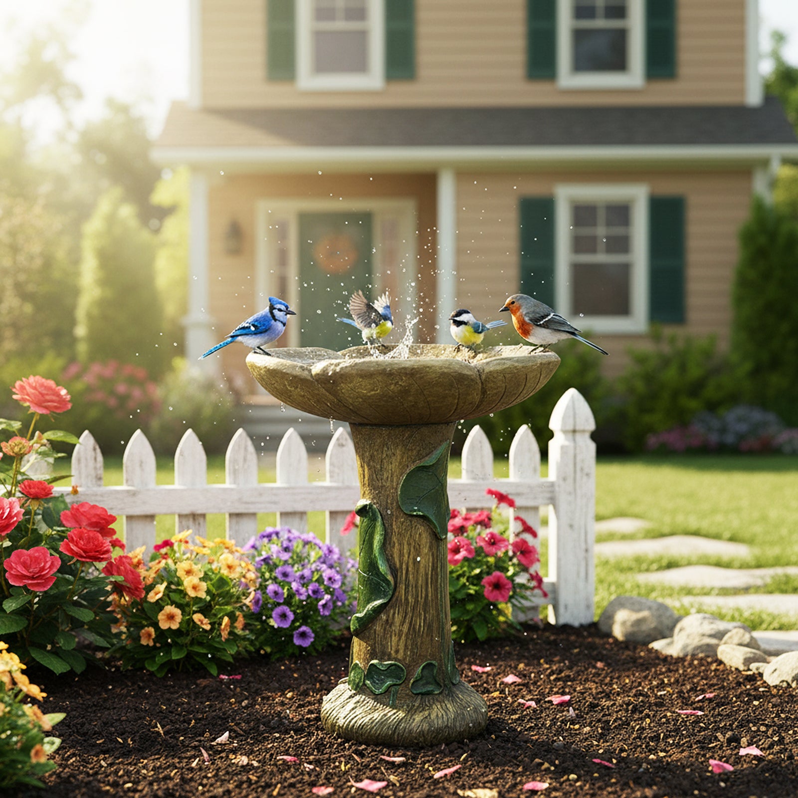 Rustic tree trunk bird bath surrounded by vibrant flowers and wild birds in a backyard oasis.