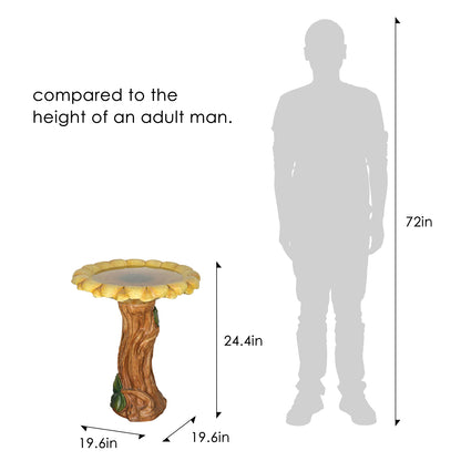 Scale View of 24.4 Inch High Fiber Concrete Bird Bath Relative to Adult Height