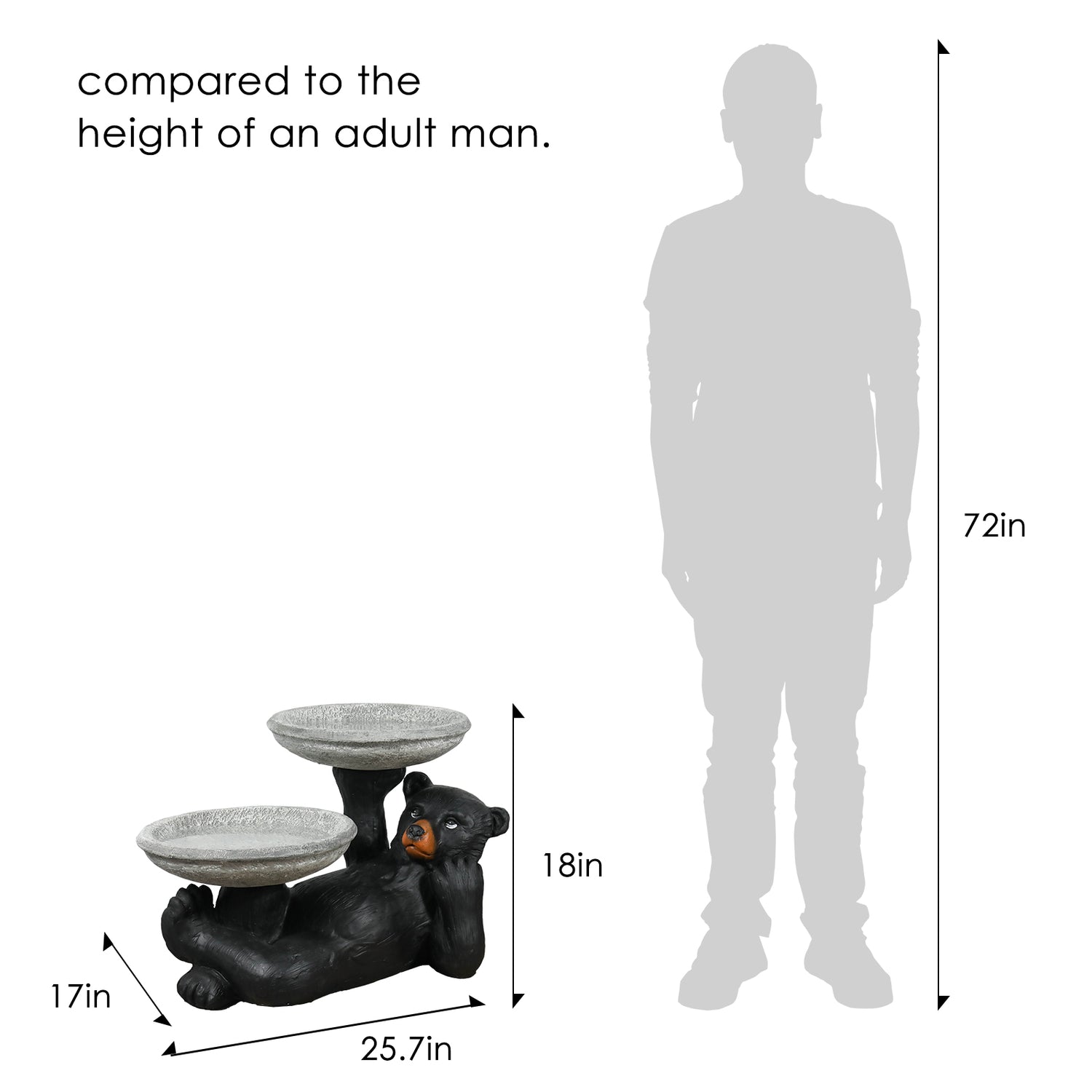 Scale comparison of the 15"H double bowl black bear bird bath next to a human silhouette.