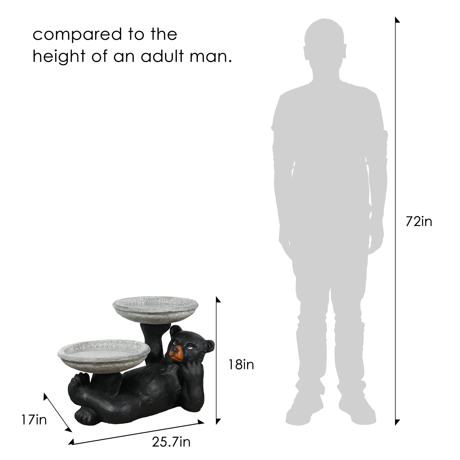 Scale comparison of the 15"H double bowl black bear bird bath next to a human silhouette.