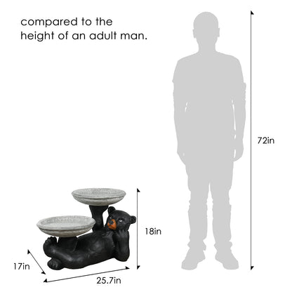 Scale comparison of the 15"H double bowl black bear bird bath next to a human silhouette.