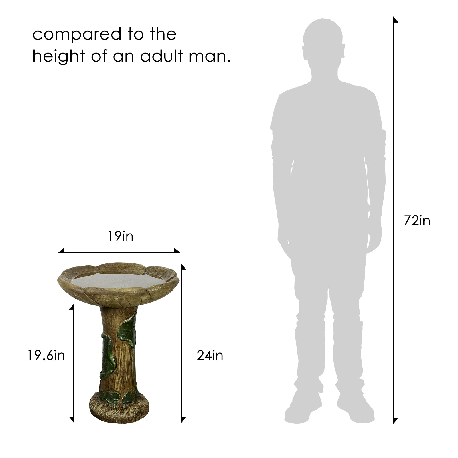 Scale comparison of the 23.6"H rustic tree trunk bird bath next to an adult human.