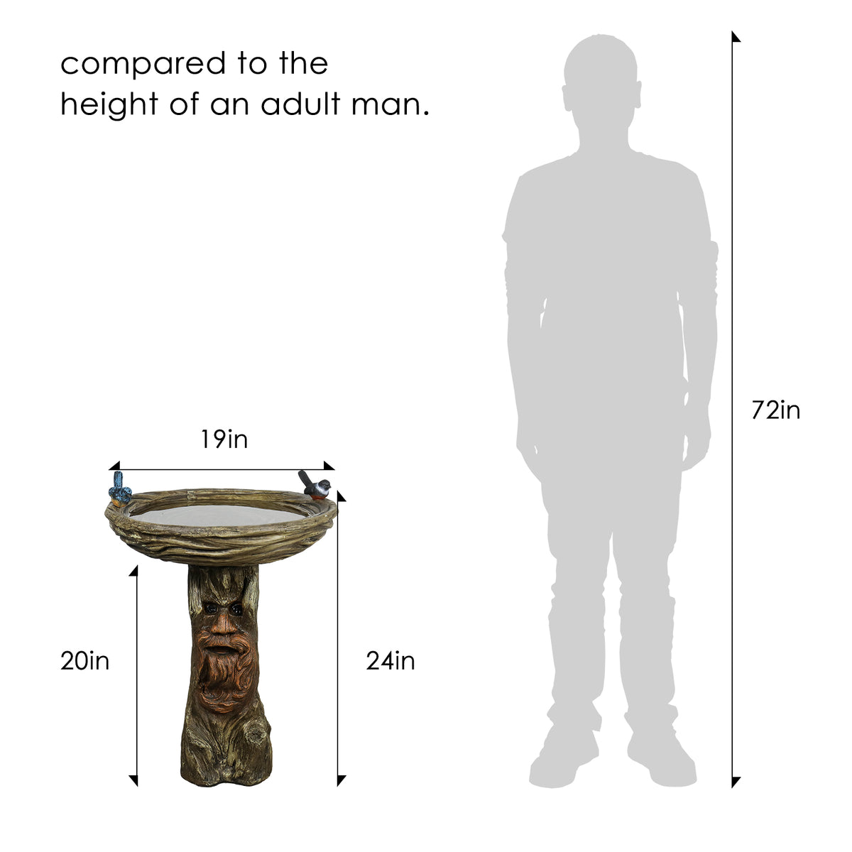 Concrete Stone Bird Bath Old Man Tree Face 23 Inch dimensions and size
