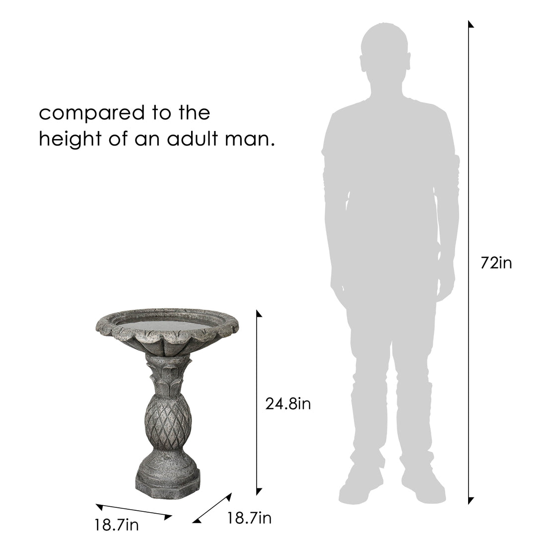 Concrete Pineapple Bird Bath Classical Pedestal 24 Inch dimensions and size