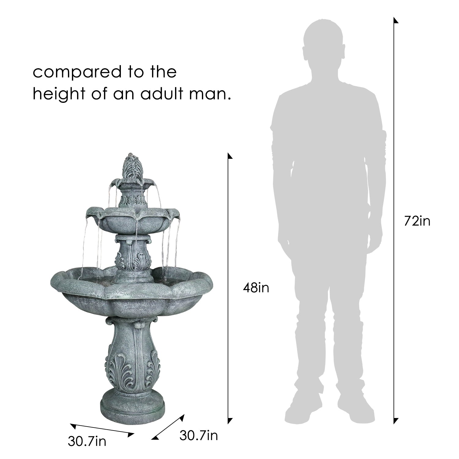 Scale comparison of the 48"H elegant classic outdoor water fountain next to an adult human.