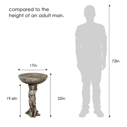 Scale comparison of the classical goddess bird bath next to an adult human silhouette.