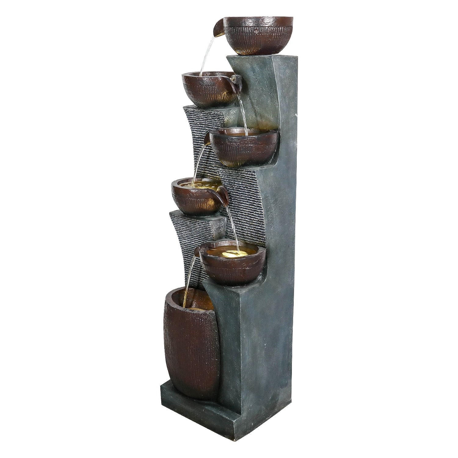 Side profile of the tall, rustic pottery-inspired freestanding fountain on white