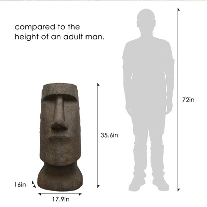 Size comparison chart showing the 35.6-inch Moai statue next to a 72-inch adult male silhouette.