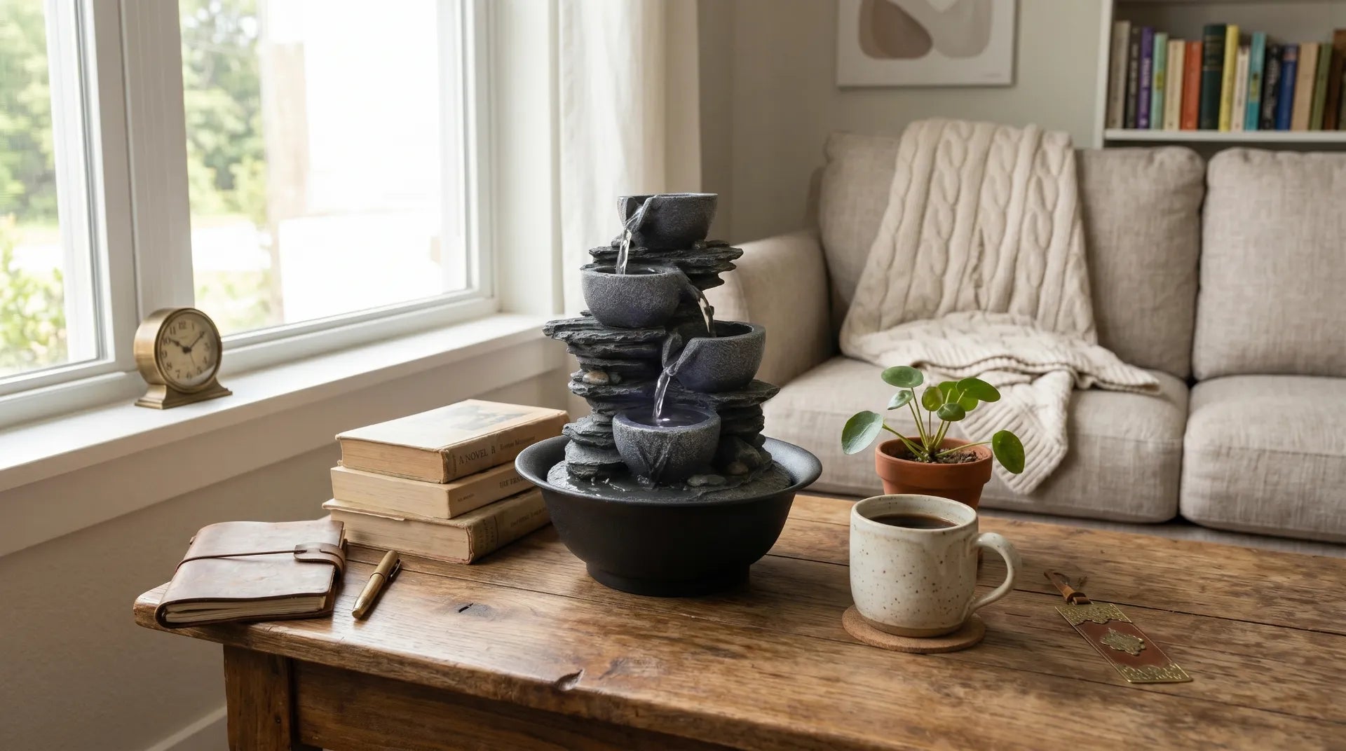 Small tabletop water fountain on a nightstand beside a reading chair