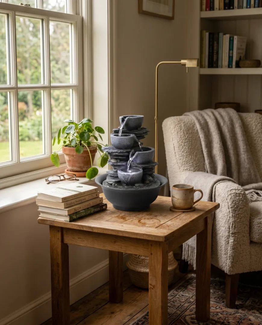 Small tabletop water fountain on a wooden desk in a home office