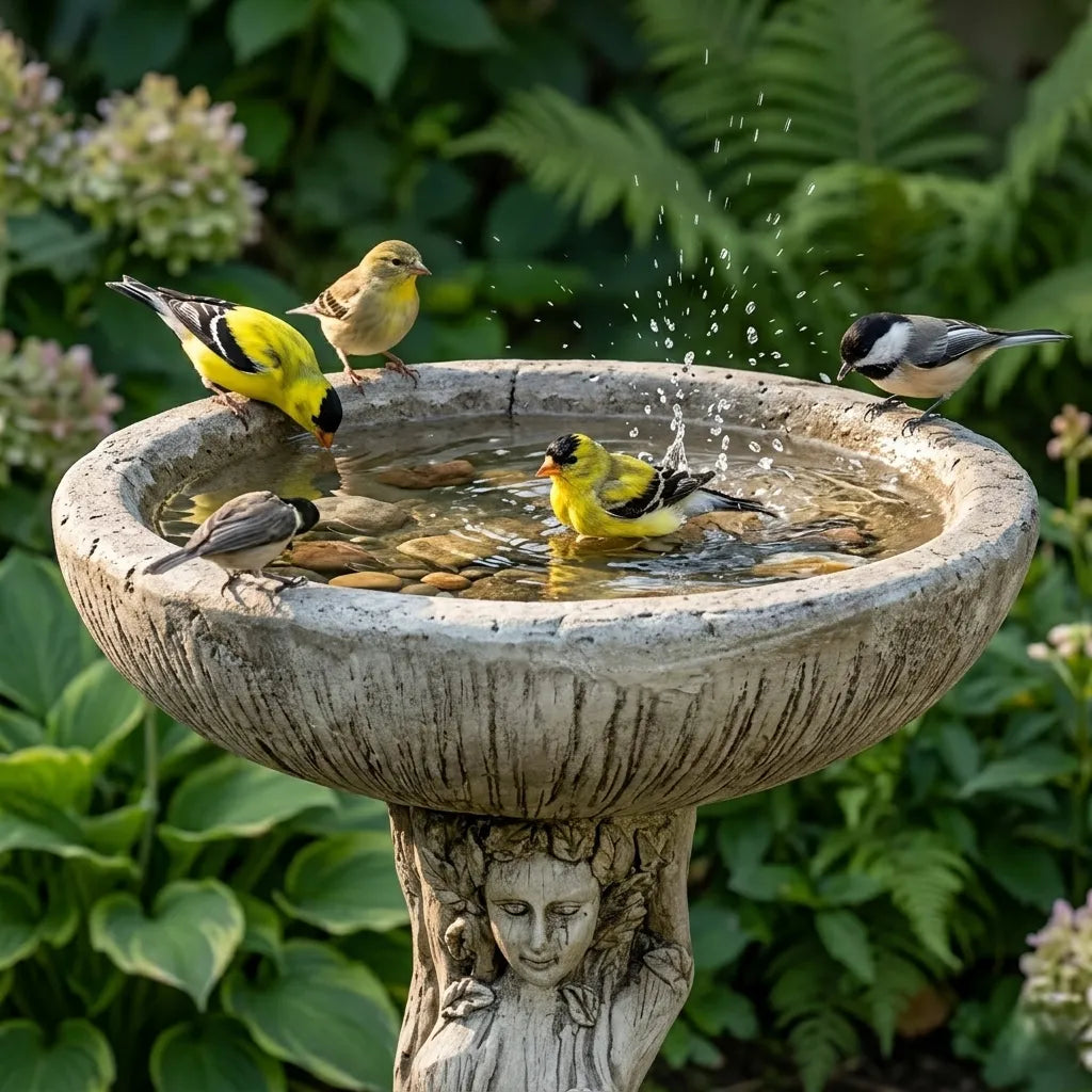 Songbirds bathing in a heavy textured concrete bird bath