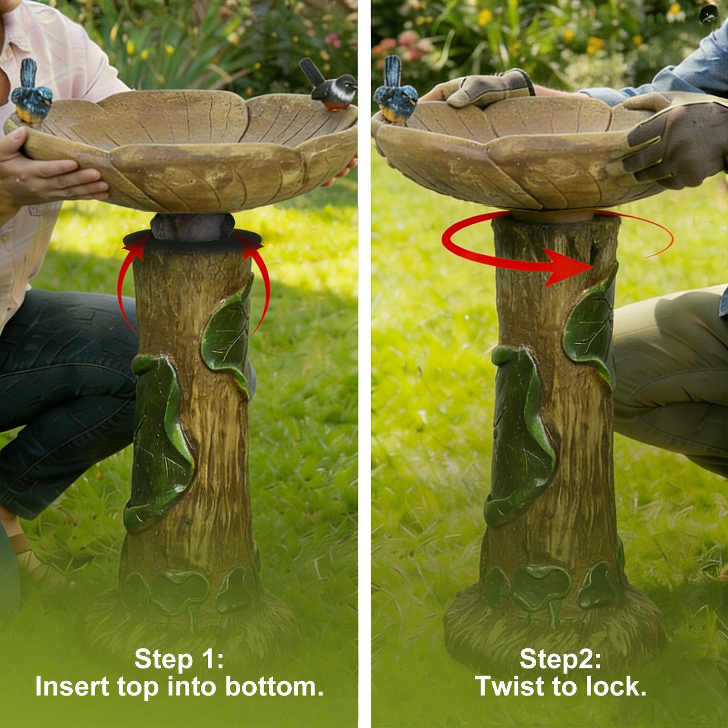 Step-by-step guide showing the easy twist-lock assembly of the concrete bird bath bowl and pedestal.