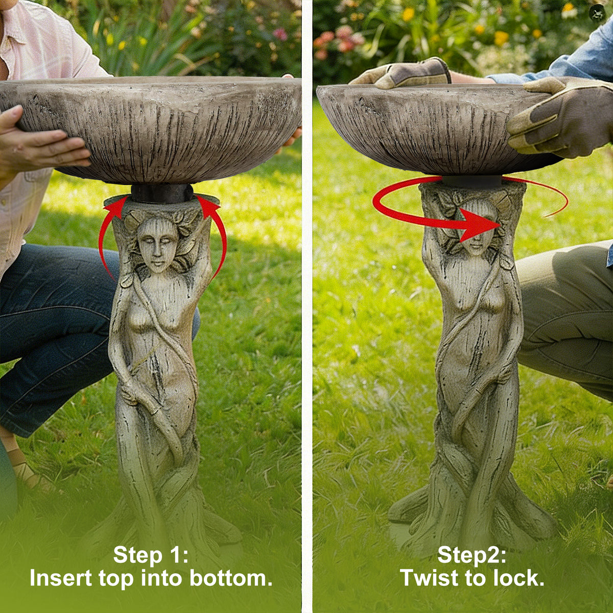 Step-by-step twist-to-lock assembly guide connecting the basin to the goddess pedestal.