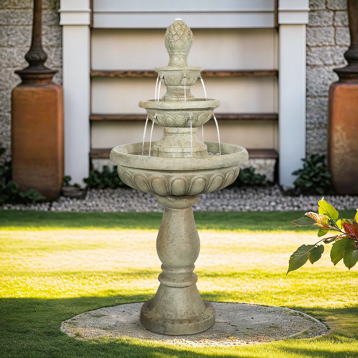 Concrete 3 Tier Fountain Classical Pineapple Finial in garden setting