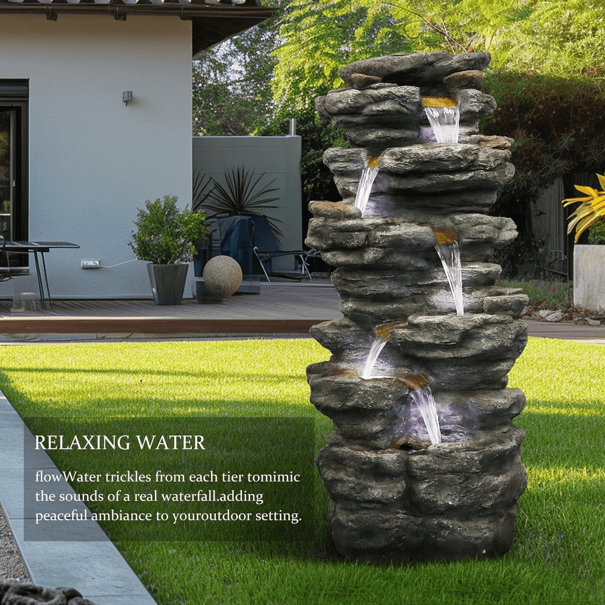 Resin Flagstone Outdoor Water Fountain with Moss 40 in in garden setting