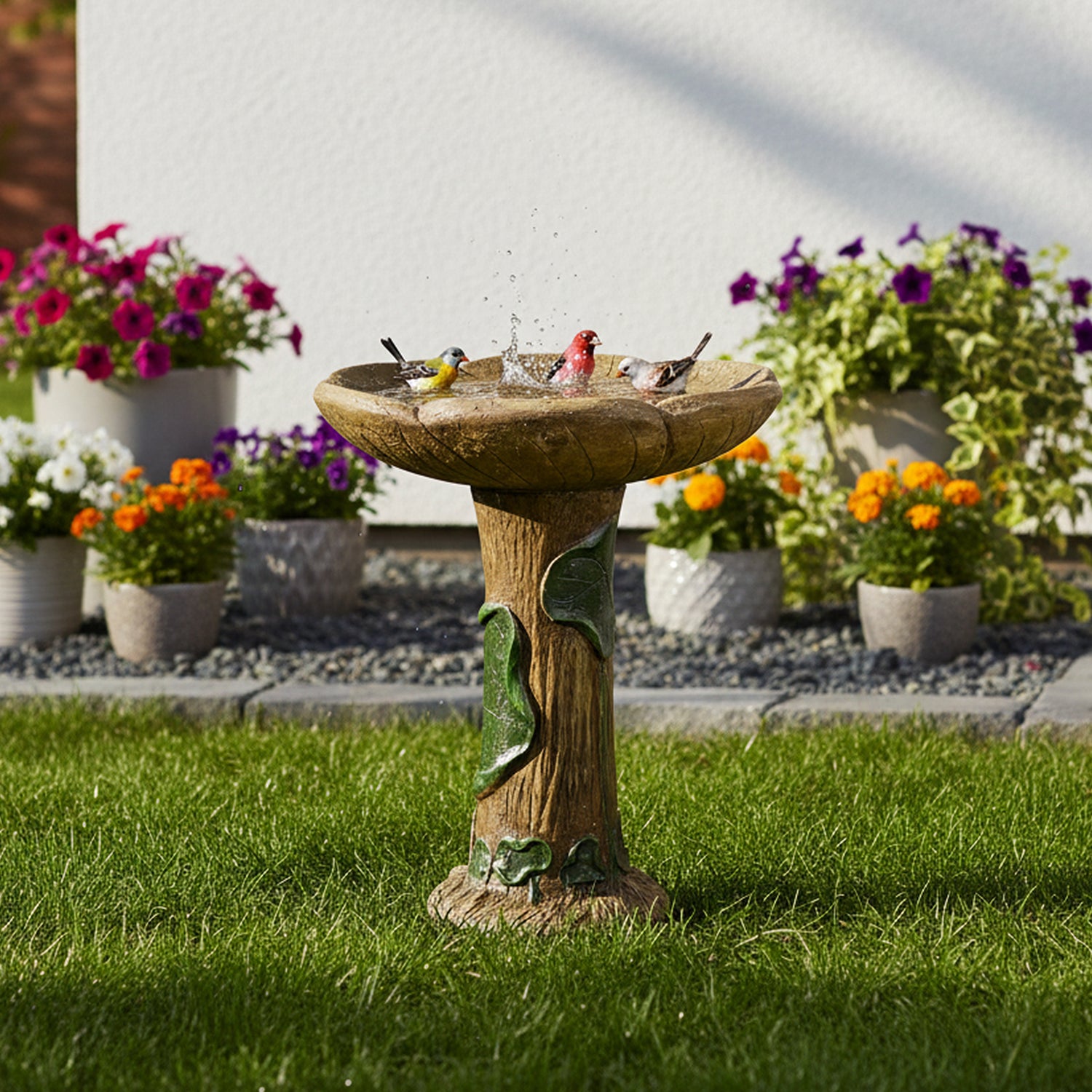Sturdy 12.5kg concrete bird bath providing a safe watering spot for birds near a garden fence.