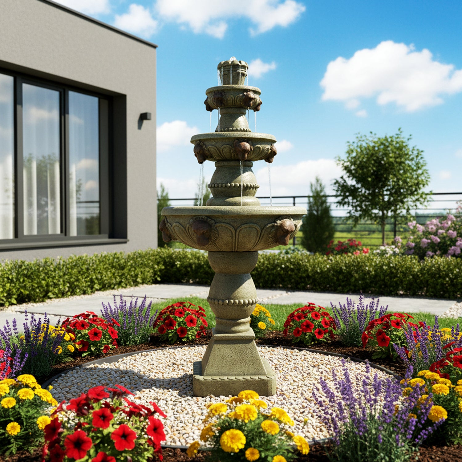 Sturdy 30.191kg 3-tier fountain bringing elegant water sounds to a modern stone patio walkway.