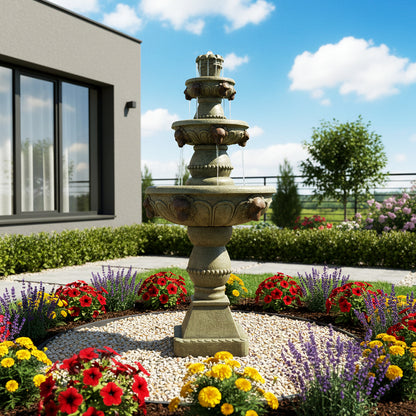 Sturdy 30.191kg 3-tier fountain bringing elegant water sounds to a modern stone patio walkway.