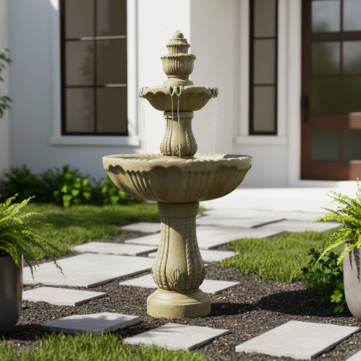 Concrete Water Fountain Pedestal Scalloped 3 Tier in garden setting