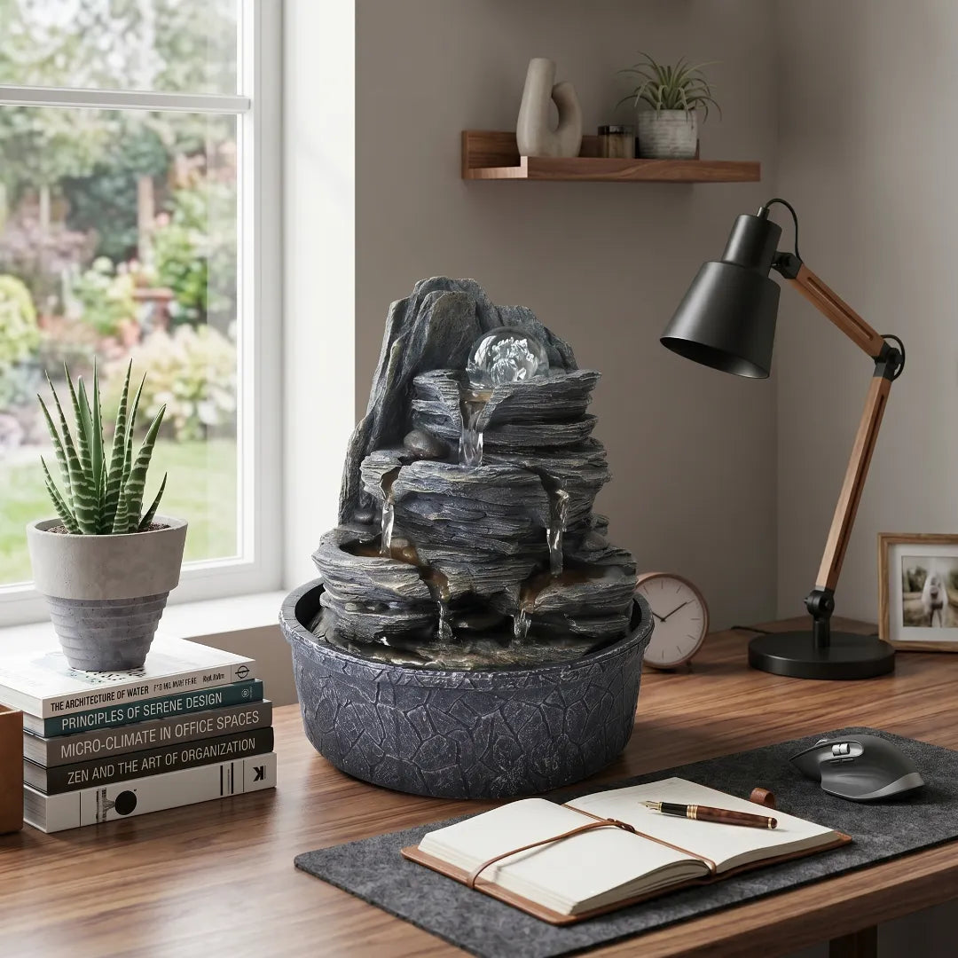 Tabletop water fountain on office desk for indoor home decor