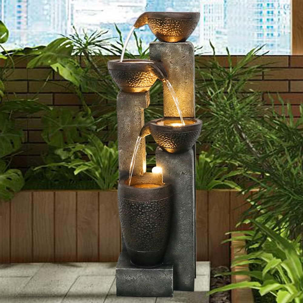 Resin Stacked Clay Pot Outdoor Water Fountain 40 Inch on patio