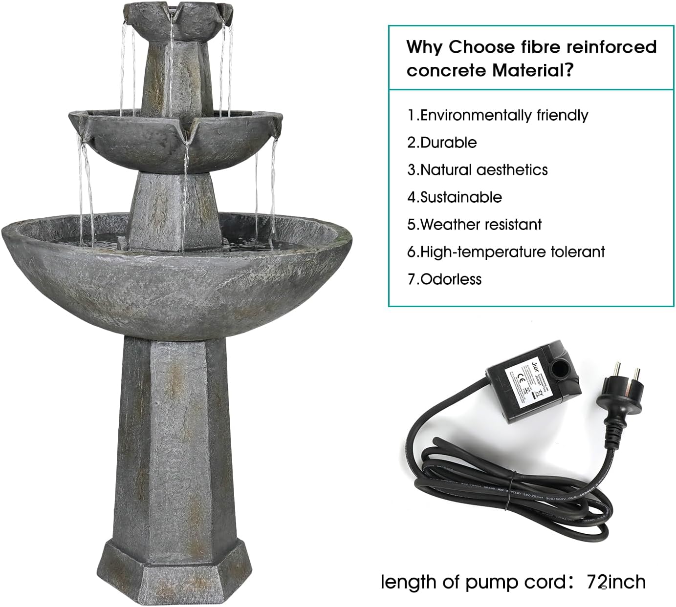 Three-Tier Outdoor Garden Fountain with Cement Gray Finish and Water Pump