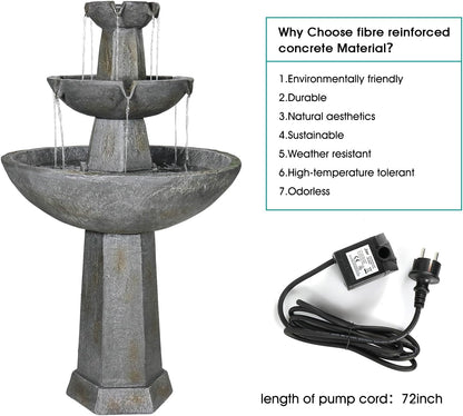 Three-Tier Outdoor Garden Fountain with Cement Gray Finish and Water Pump