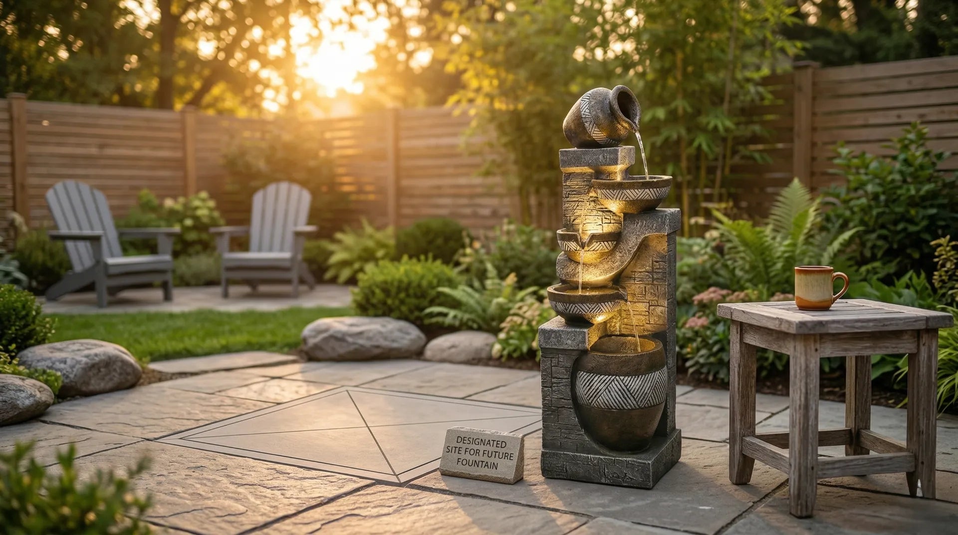 Tiered pottery jar water fountain with warm lighting on a stone patio.