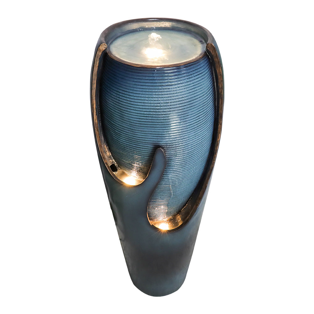 Concrete Turquoise Cracked Jar Outdoor Fountain 38 Inch LED lit at night