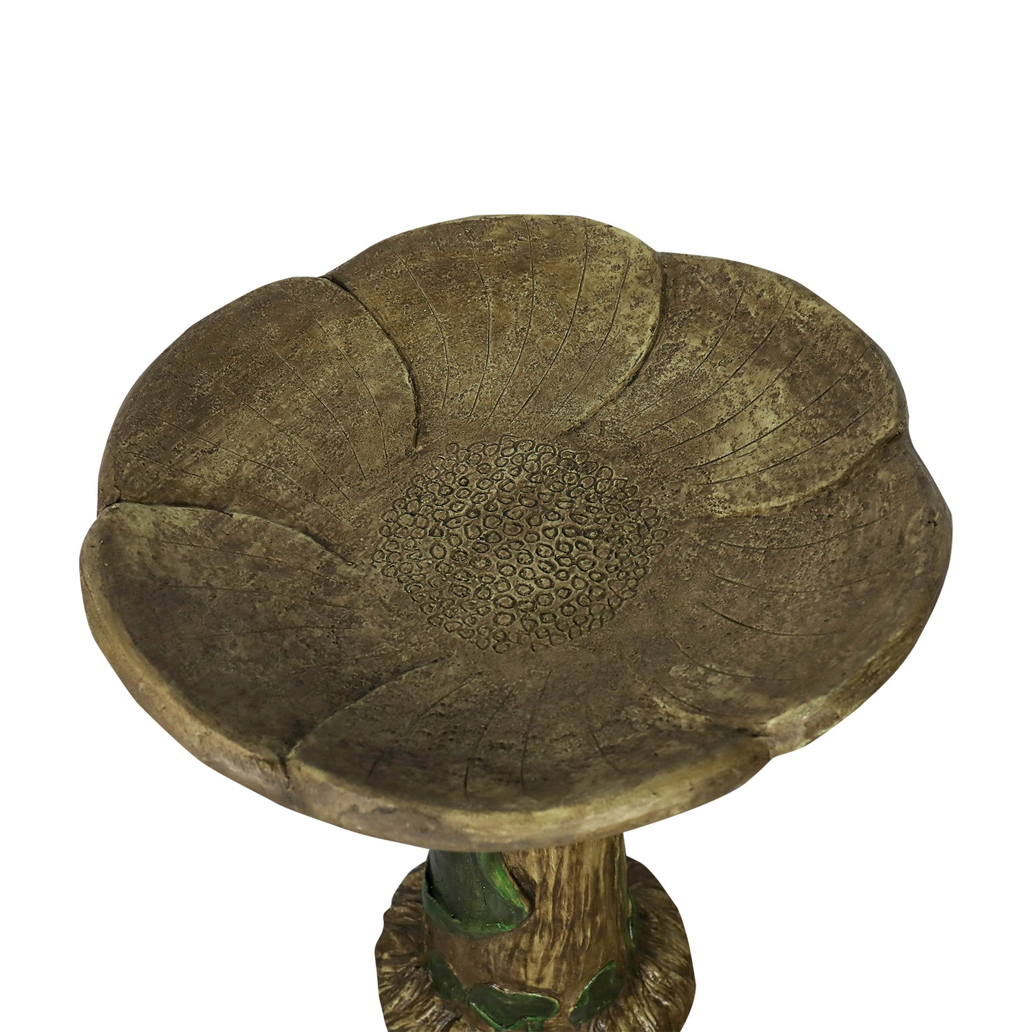 Top-down view of the 17.7-inch diameter bird bath bowl featuring a natural leaf pattern texture.