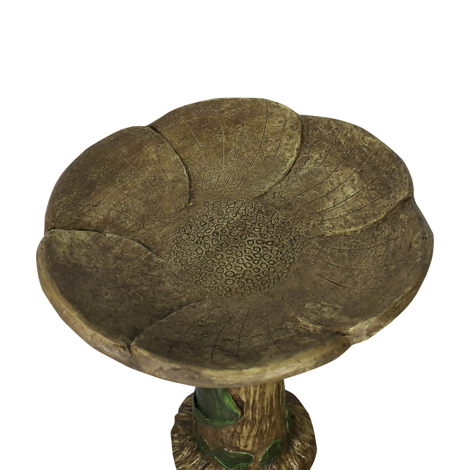 Top-down view of the 17.7-inch diameter bird bath bowl featuring a natural leaf pattern texture.