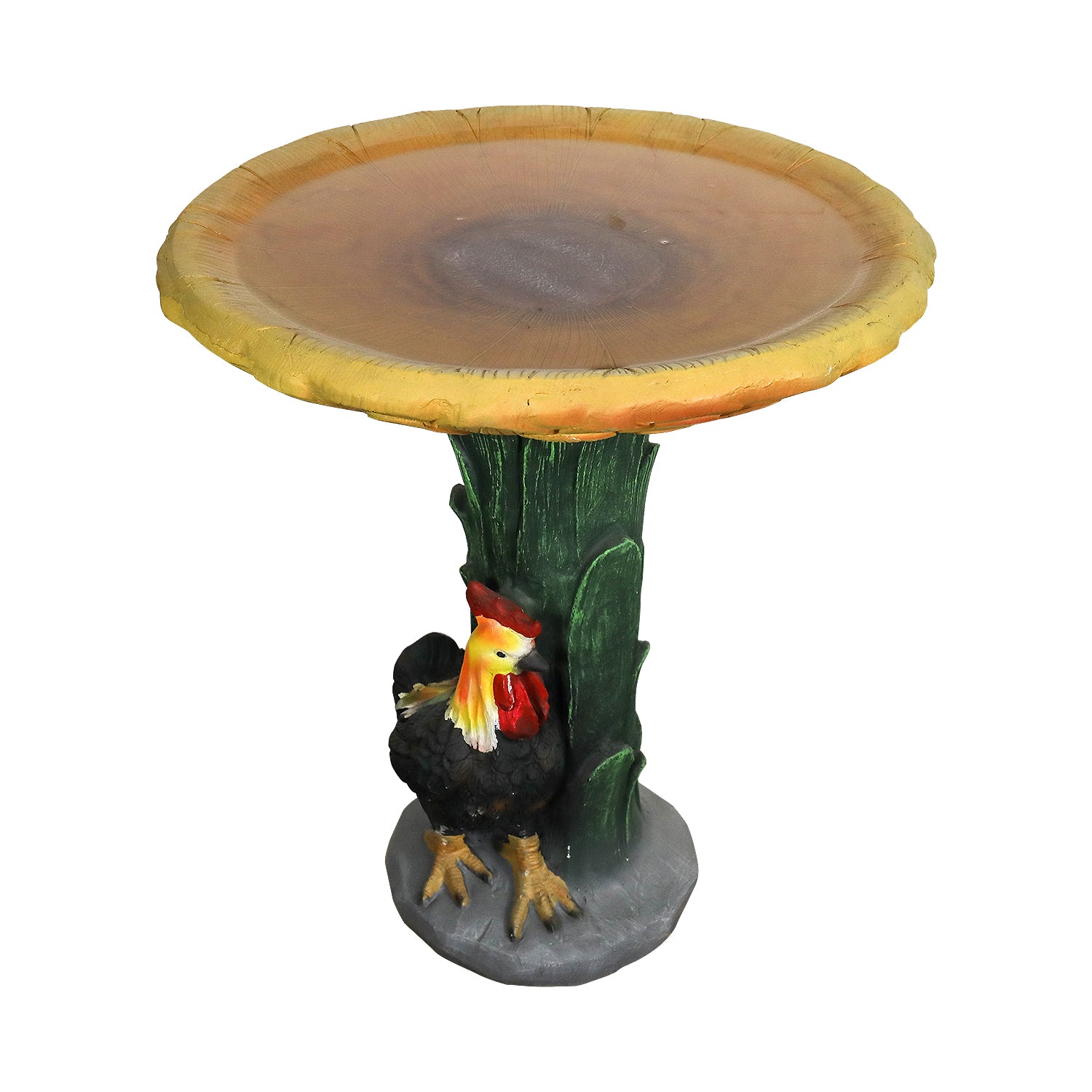 Top-down view of the yellow sunflower bird bath bowl showing the painted petal details.