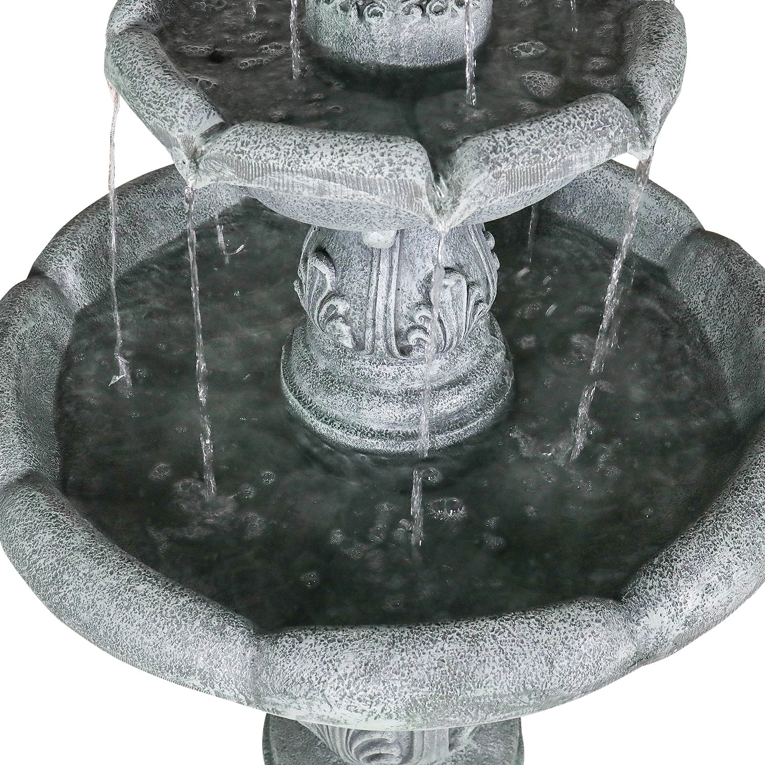 Top-down view of water cascading elegantly into the wide basin of the heavy-duty water fountain.