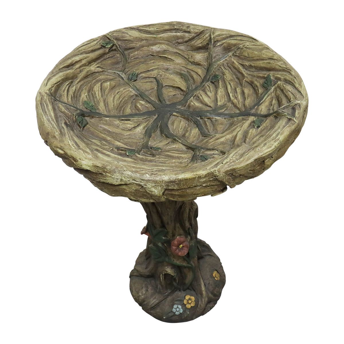 Top ang view of the 17.7" diameter shallow bowl of the rustic concrete tree shape bird bath on white.
