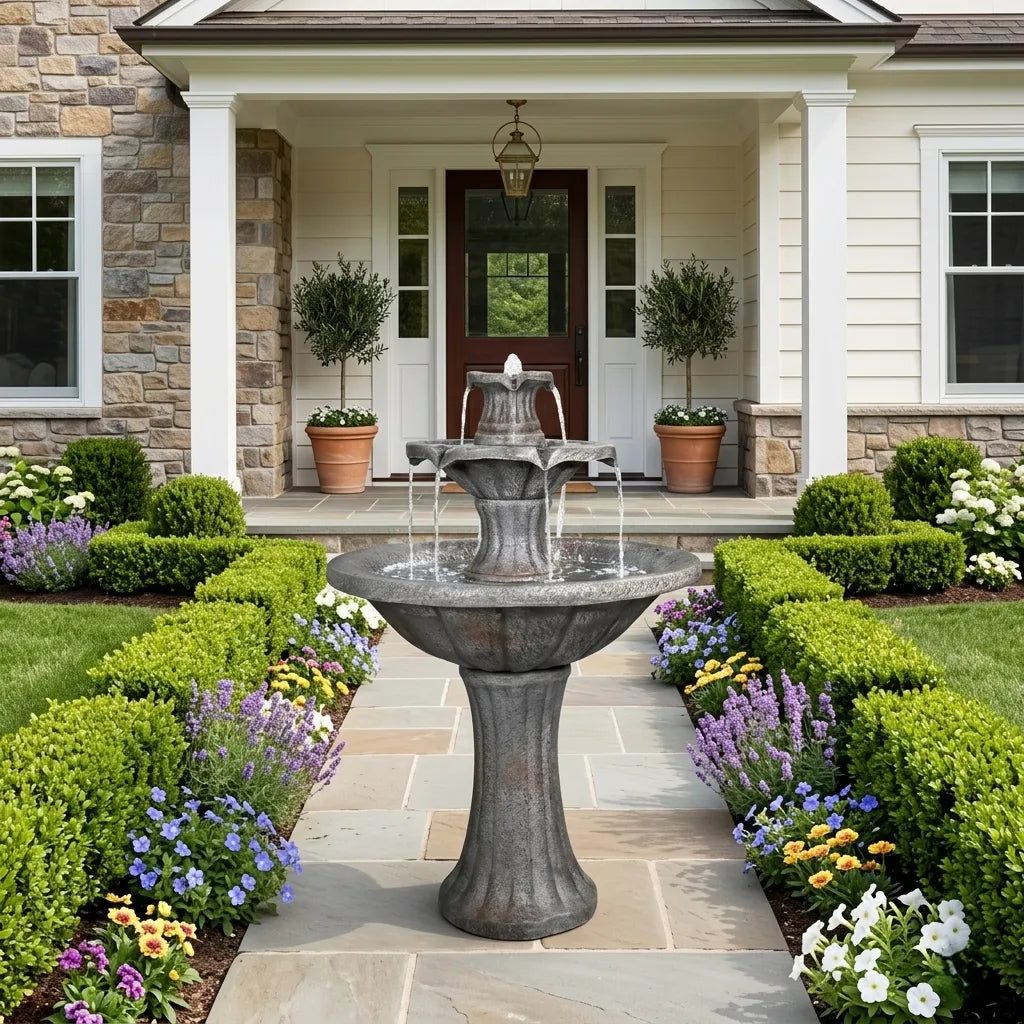 Traditional fountain centerpiece in a welcoming front yard with standard daylight.