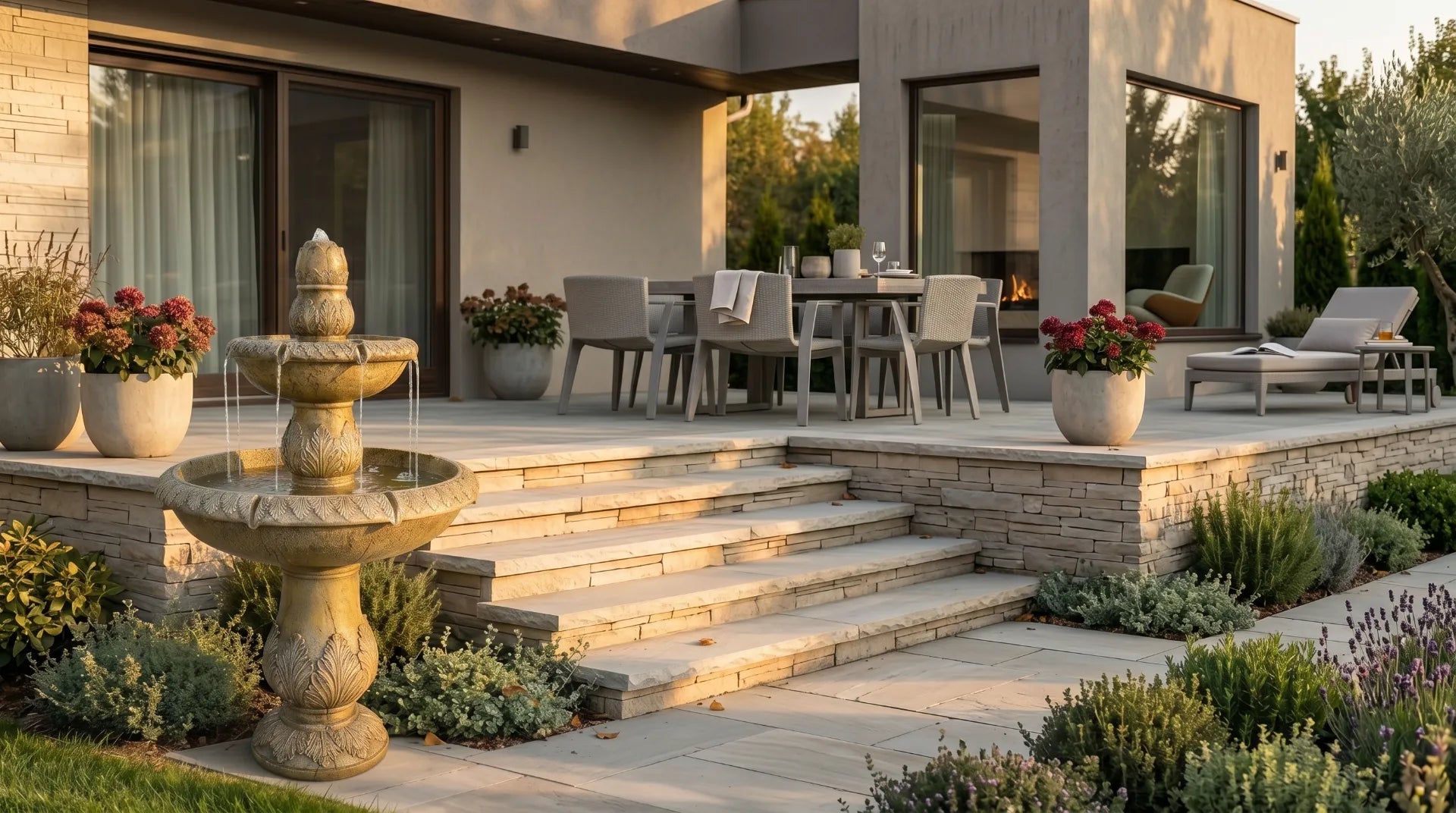 Two-tier concrete outdoor water fountain on a stone-paved garden patio
