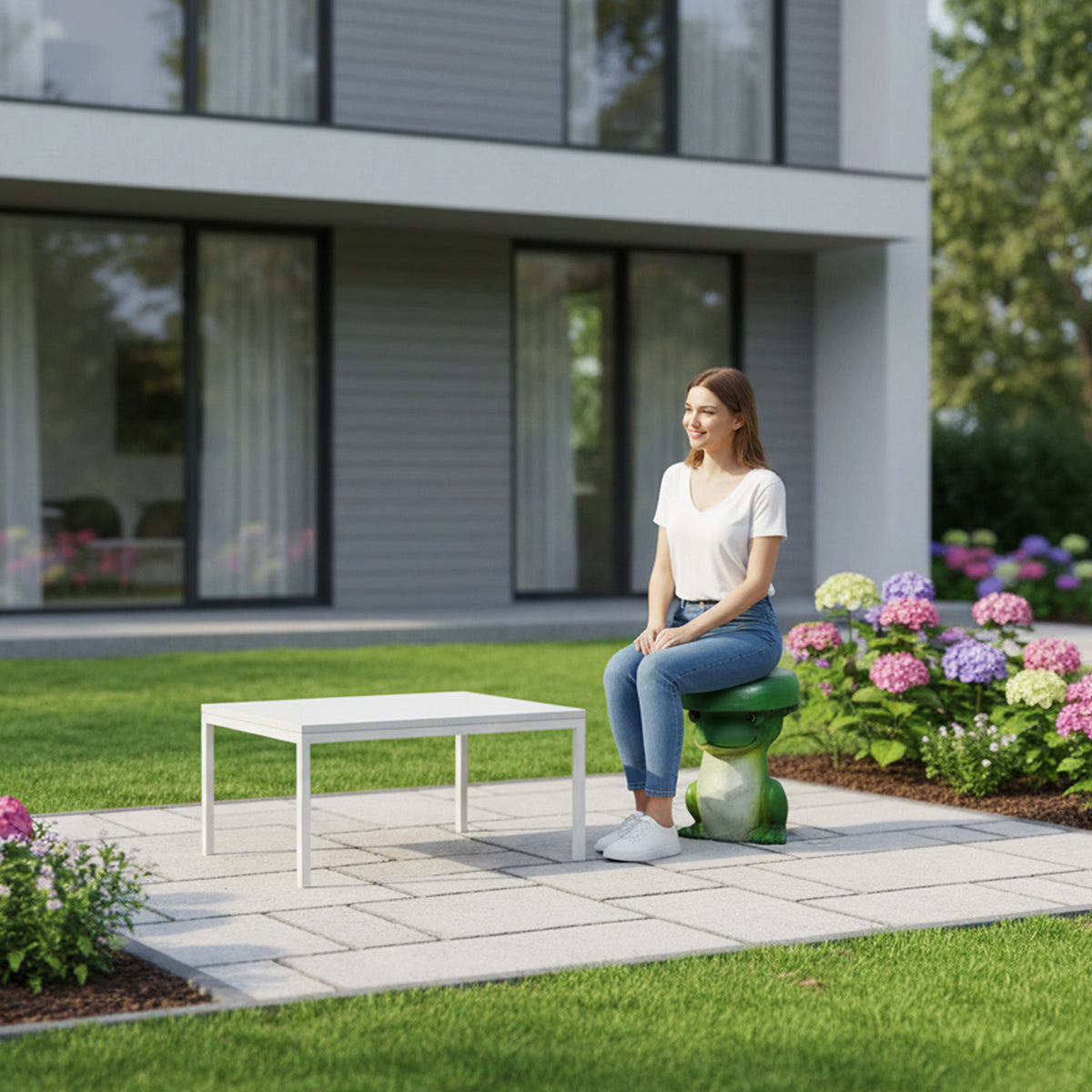 Versatile whimsical green frog stool providing a fun and stable seating option in a modern backyard.