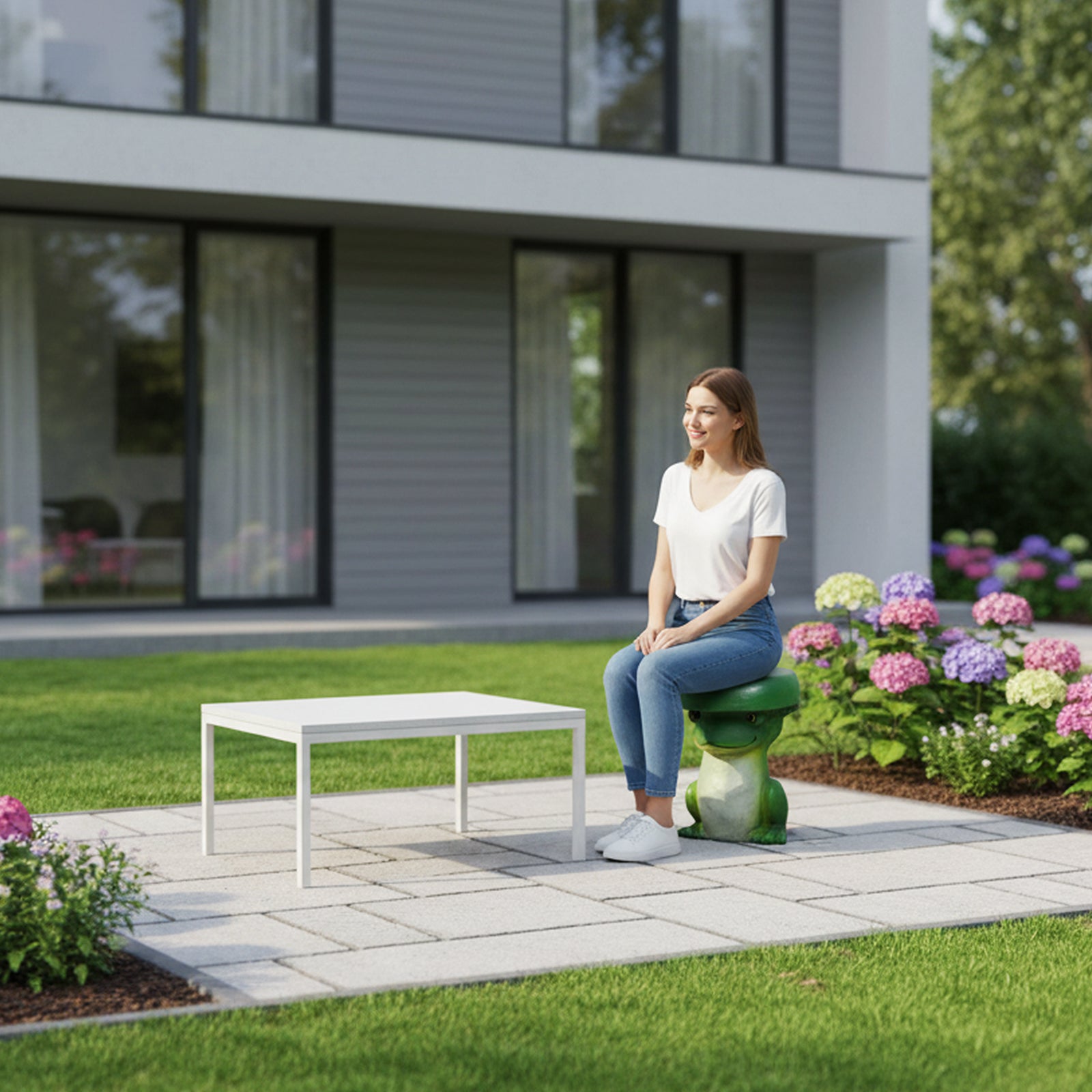 Versatile whimsical green frog stool providing a fun and stable seating option in a modern backyard.