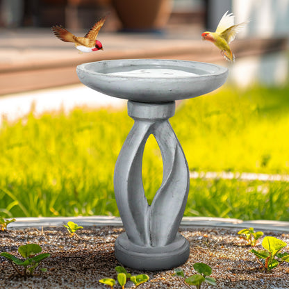 Vibrant birds enjoying the contemporary 21.8"H modern concrete birdbath in a sunny backyard.