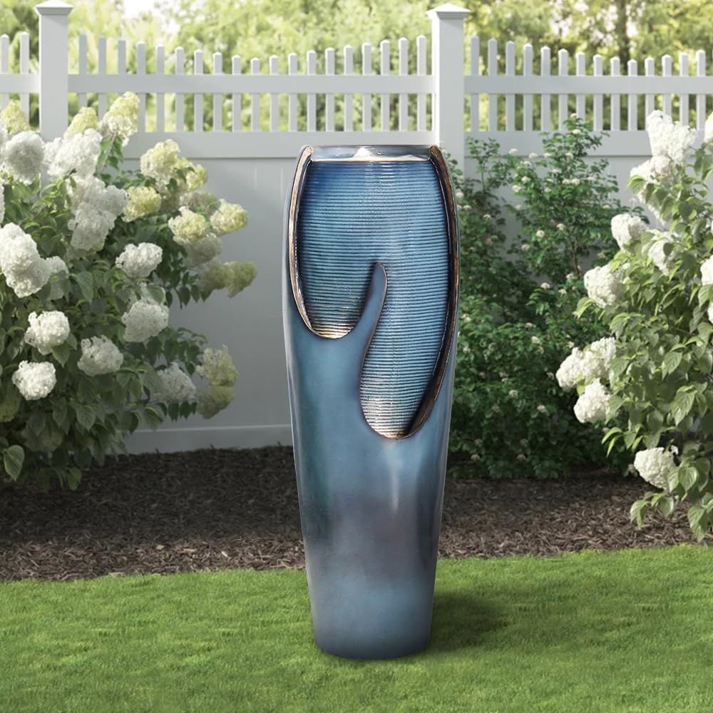 Concrete Turquoise Cracked Jar Outdoor Fountain 38 Inch product view