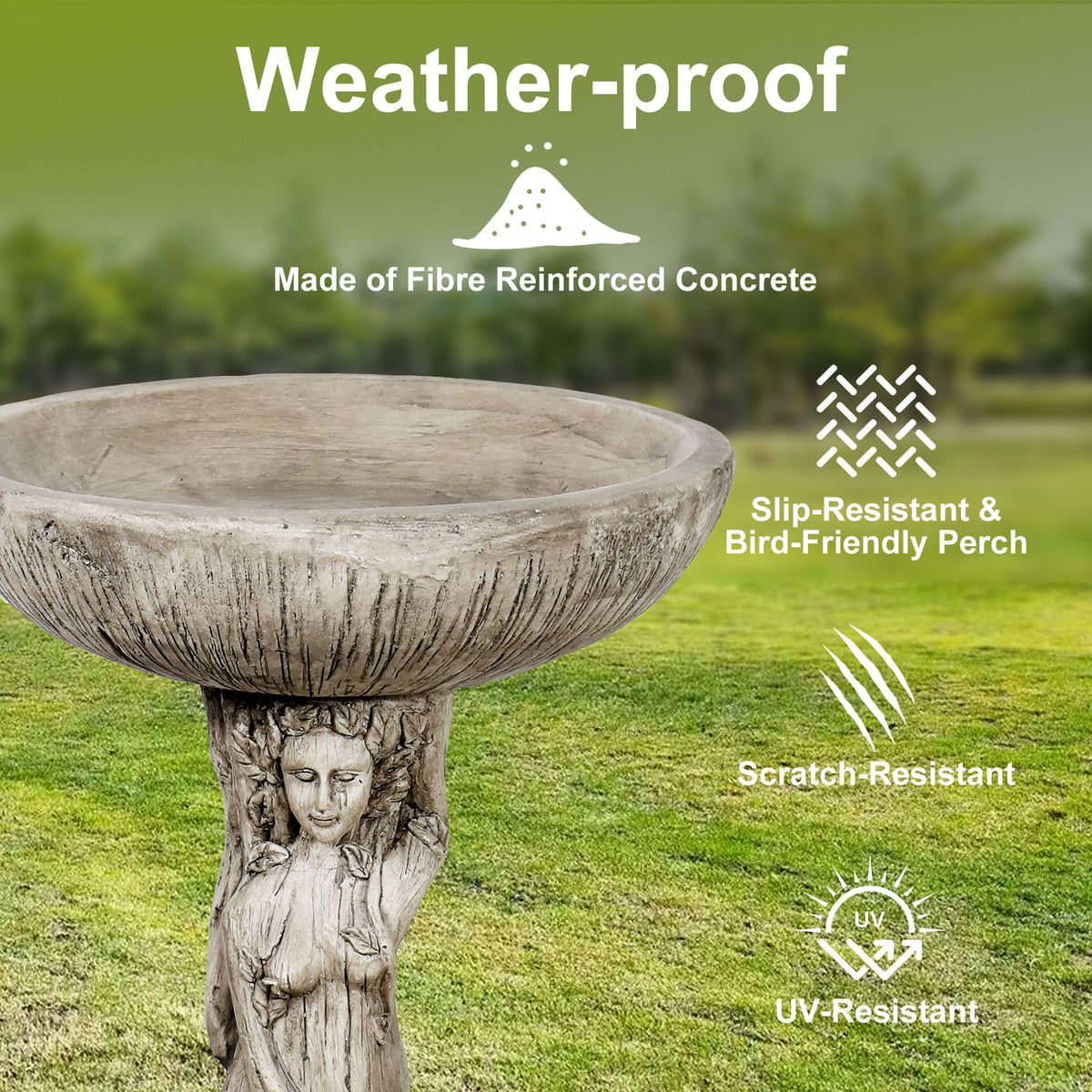Weather-proof and durable concrete material of the classical goddess birdbath.